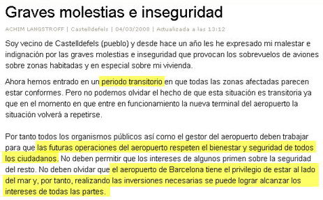 Carta publicada en el diario "La Vanguardia" de un vecino de Castelldefels solicitando que el aeropuerto del Prat no incremente las molestias en el futuro (4 de marzo de 2008)